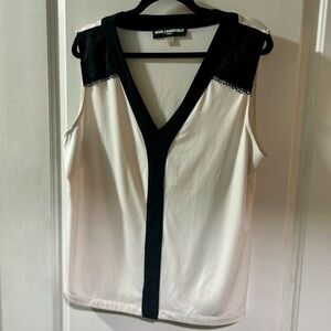 Karl Lagerfeld Black and White V-Neck Blouse. Size XL.